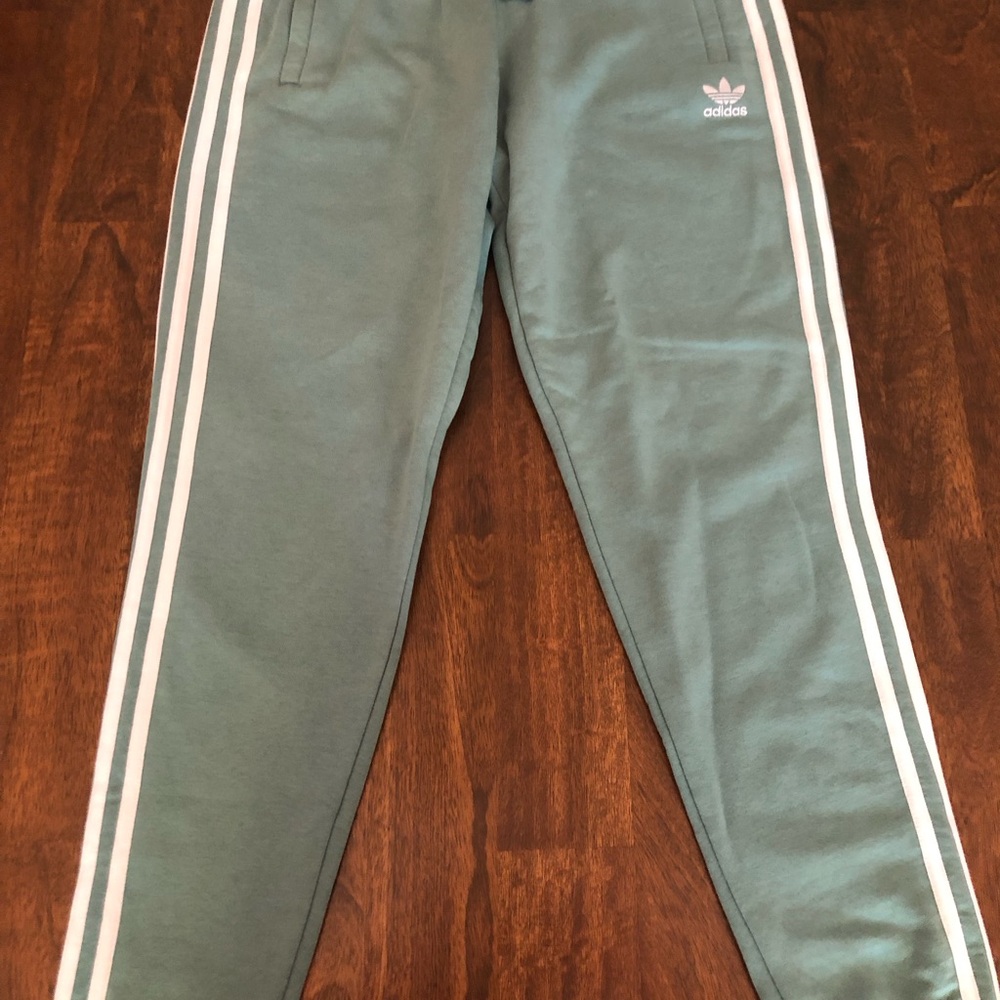 Adidas Green and White Track Pants with Signature Stripes